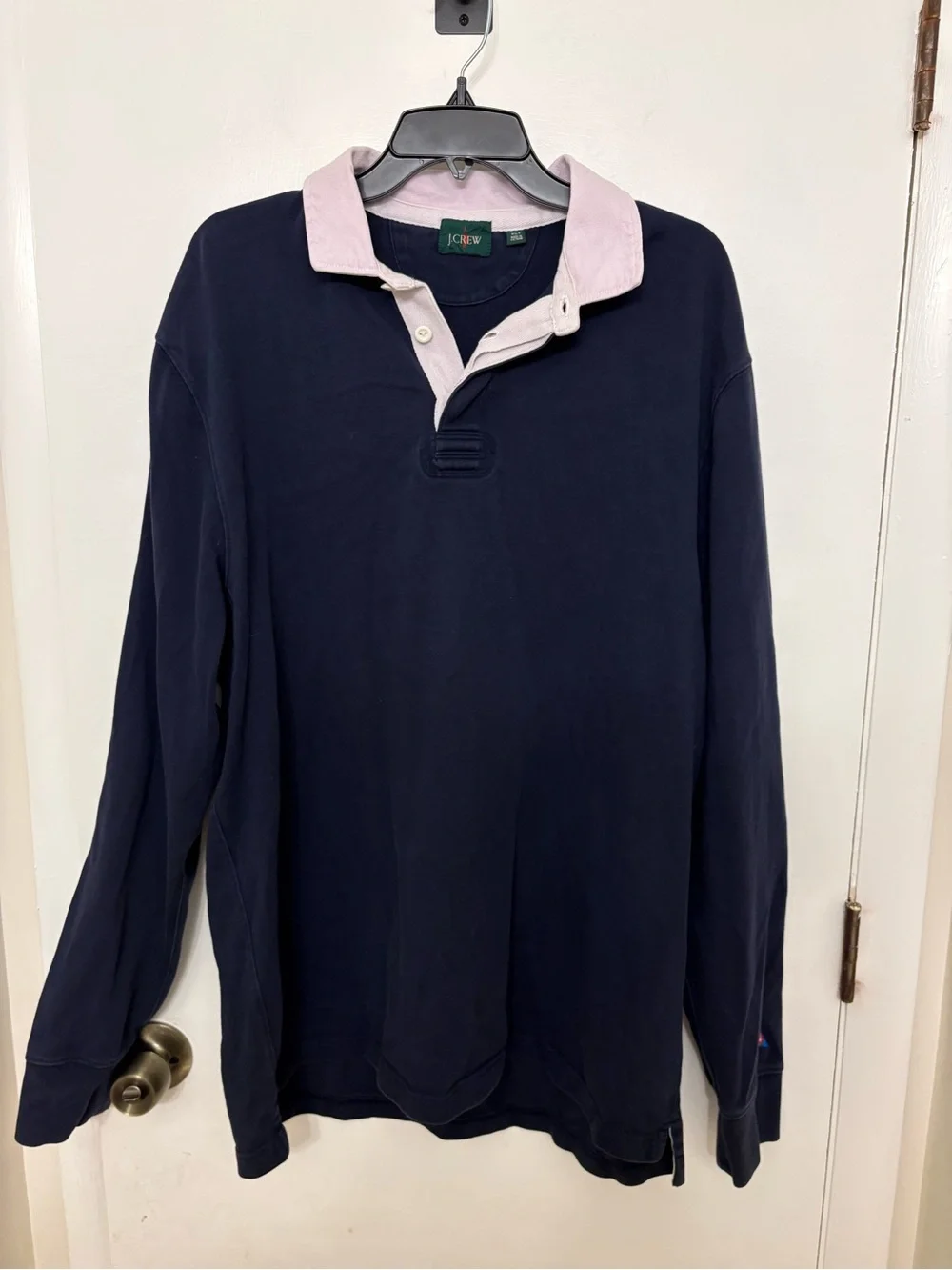 Vintage J.Crew Oarsman Rugby Shirt Mens XLT Navy Blue Pink Collar Elbow Patch